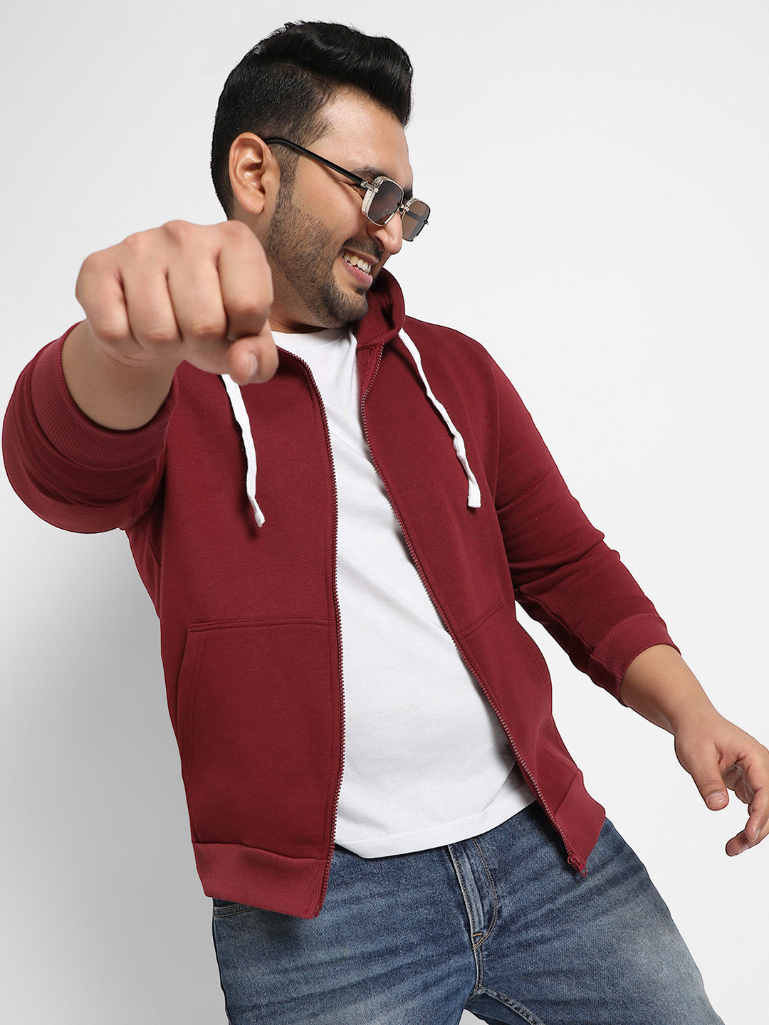 Plus Size Men's Maroon Red Zip-Front Hoodie With Contrast