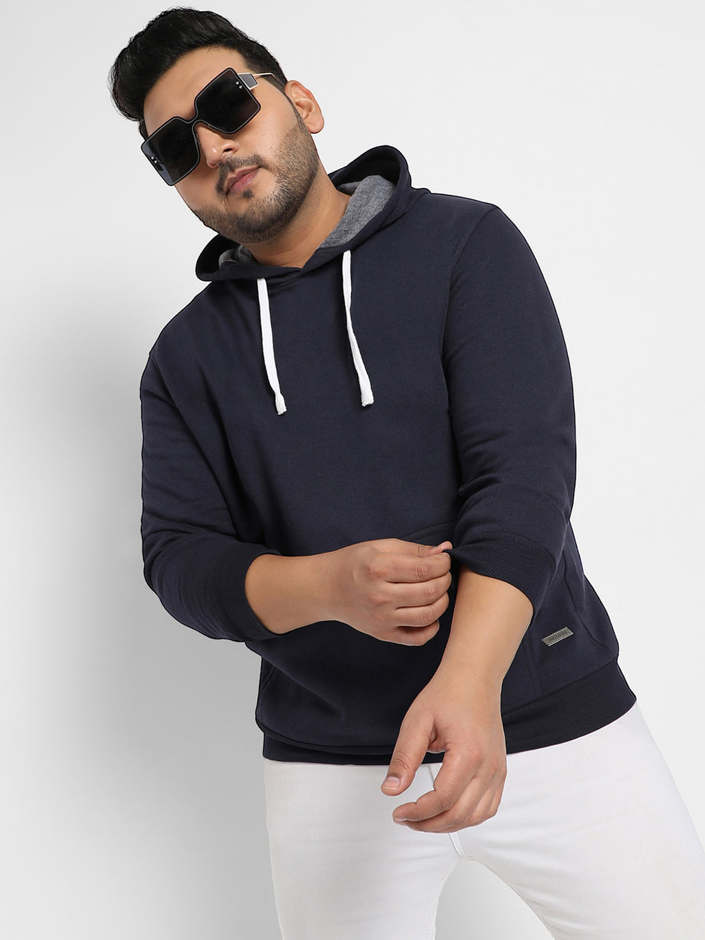 Plus Size Men's Navy Blue Pullover Hoodie With Contrast Drawstring - Main Image
