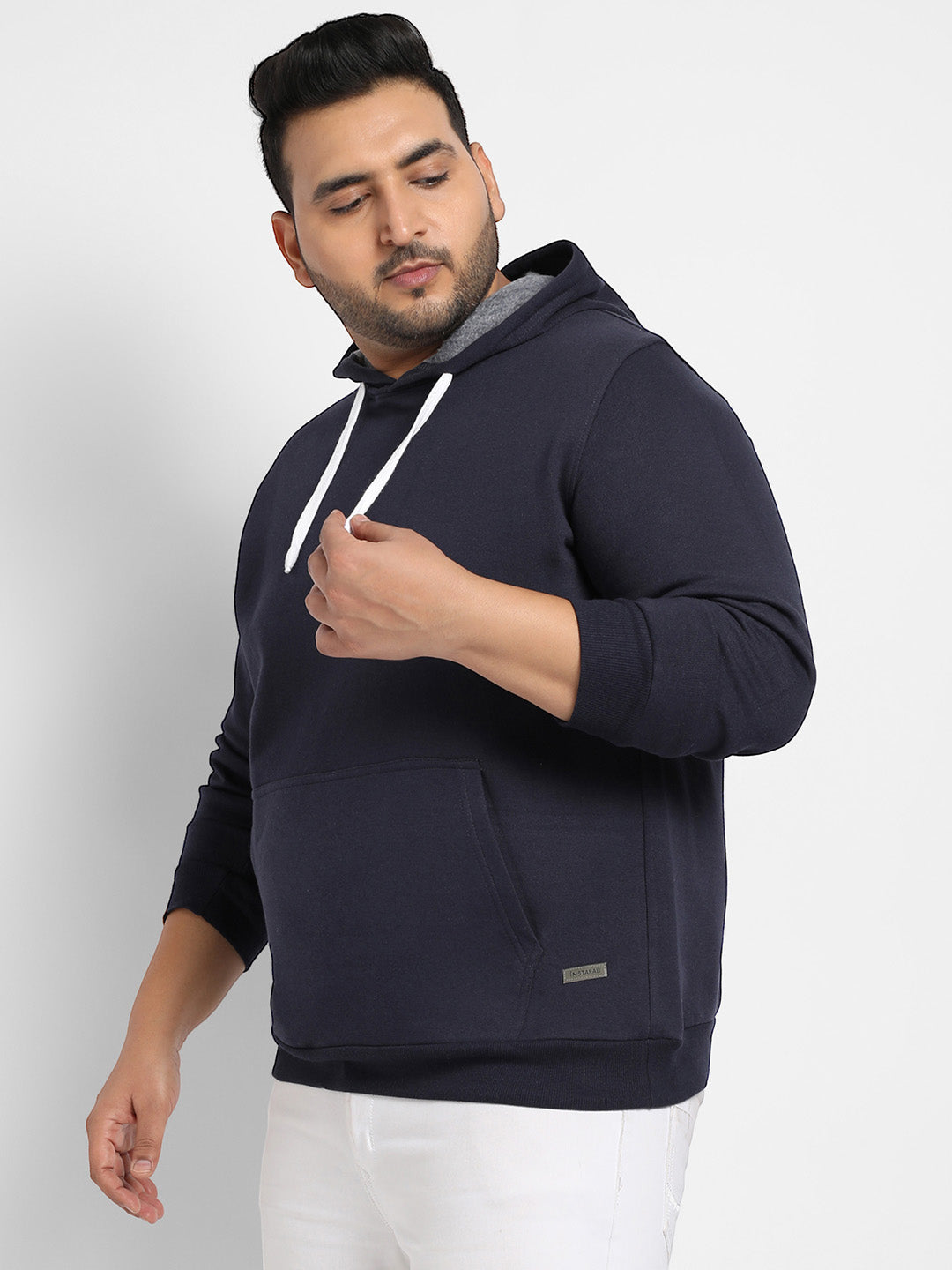 Navy Blue Pullover Hoodie With Contrast Drawstring