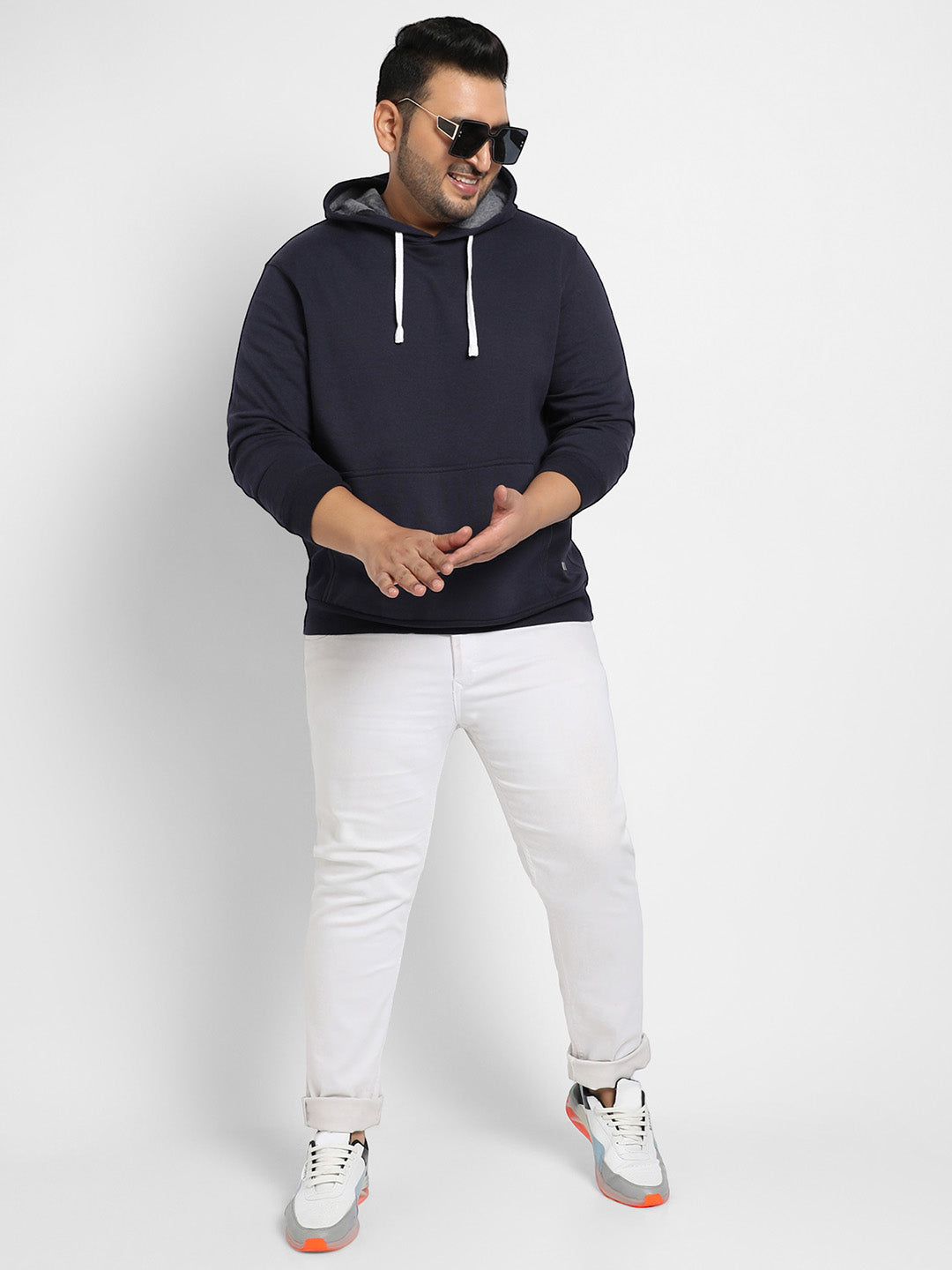 Navy Blue Pullover Hoodie With Contrast Drawstring