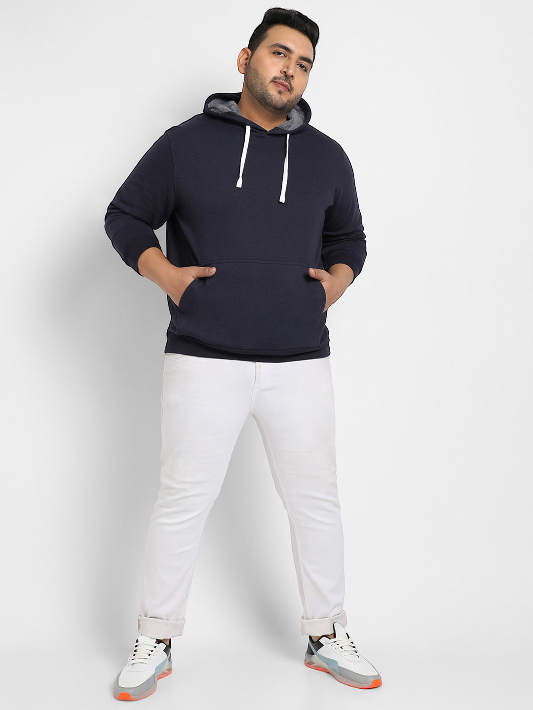 Navy Blue Pullover Hoodie With Contrast Drawstring