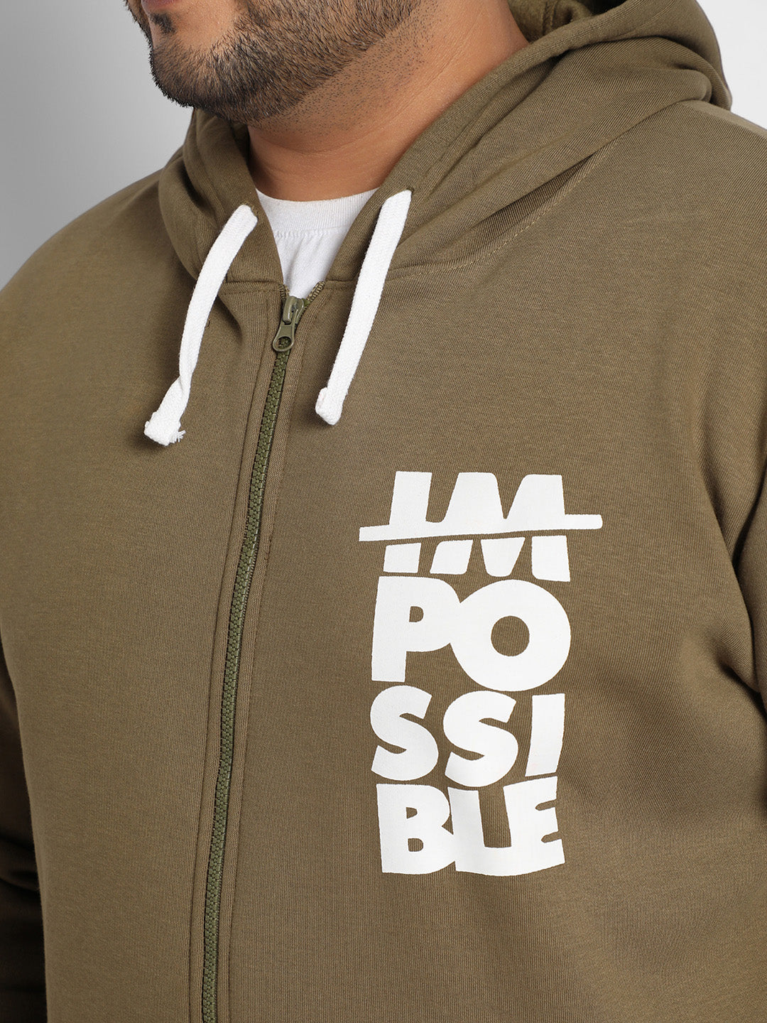 Plus Size Men's Olive Green Zip-Front Impossible Hoodie With Contrast Drawstring