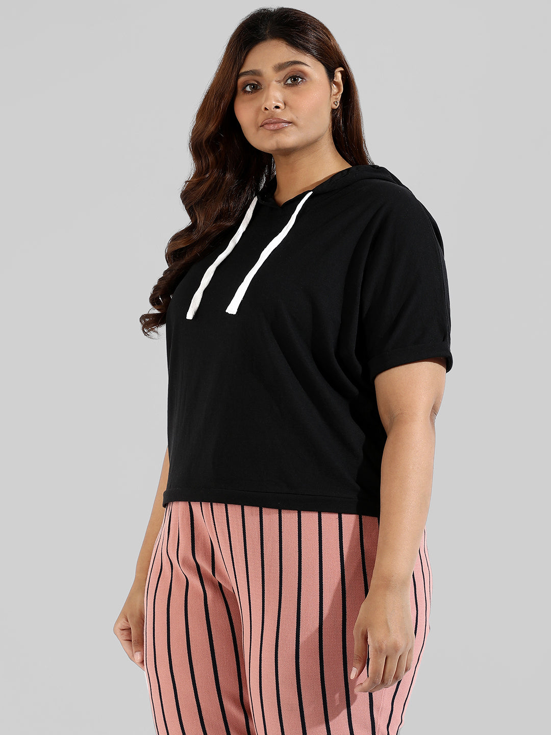 Solid Stylish Half Sleeve Hooded Neck Top