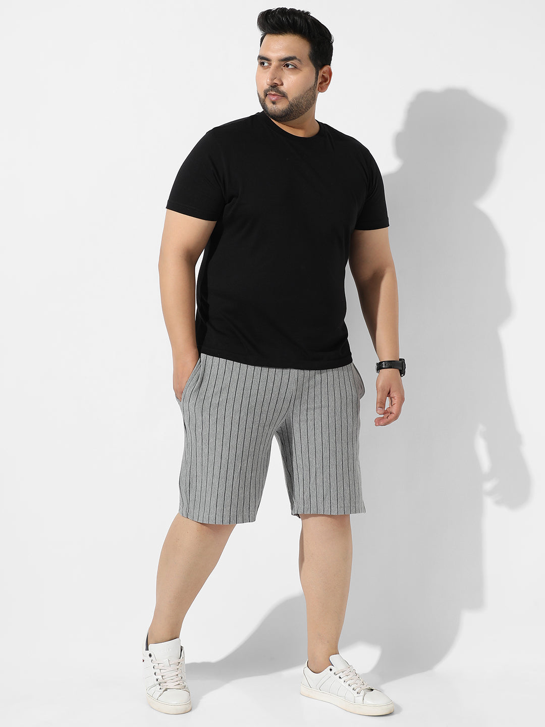 Grey Pinstriped Casual Shorts