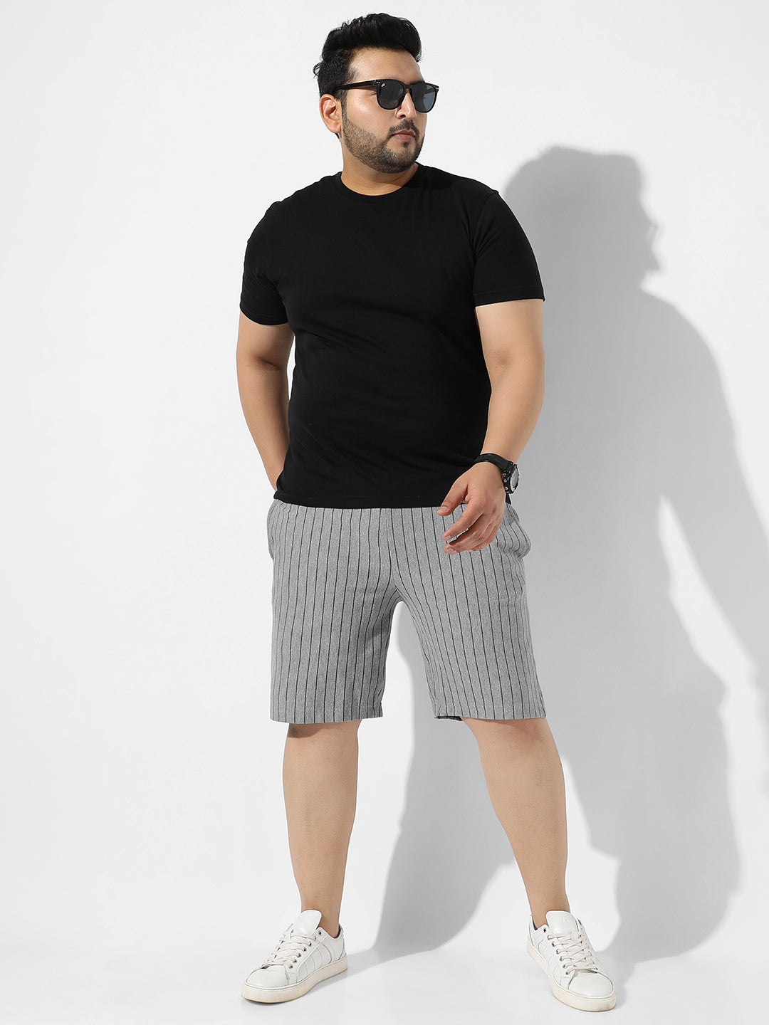 Grey Pinstriped Casual Shorts