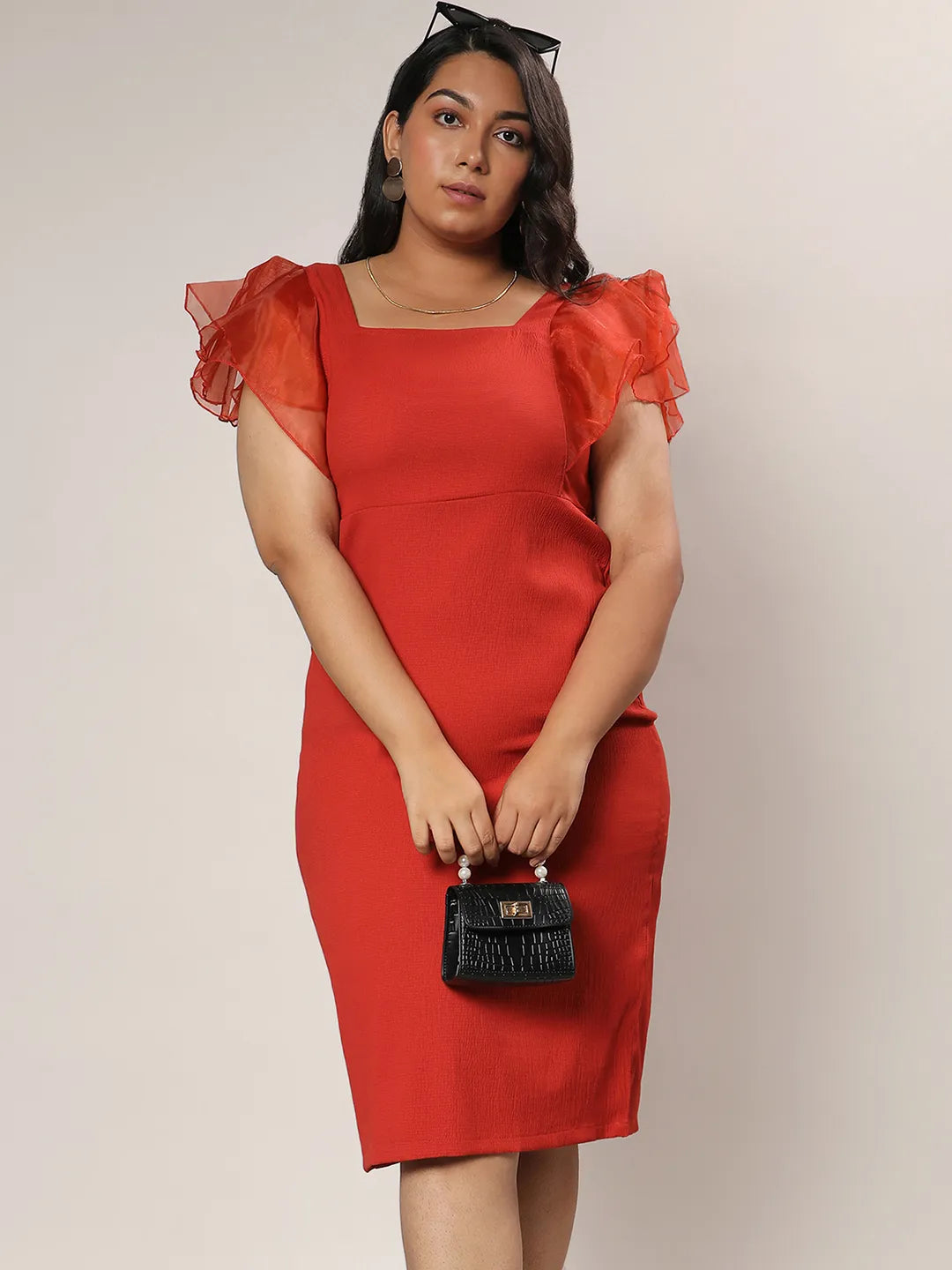Crimson Red Bodycon Dress With Sheer Detail
