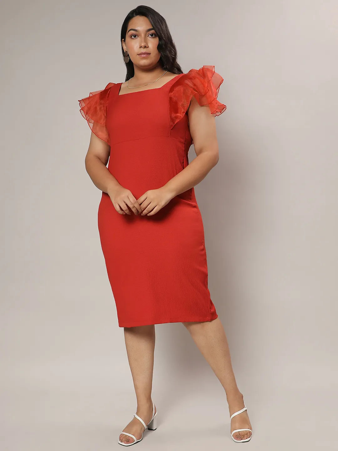 Crimson Red Bodycon Dress With Sheer Detail