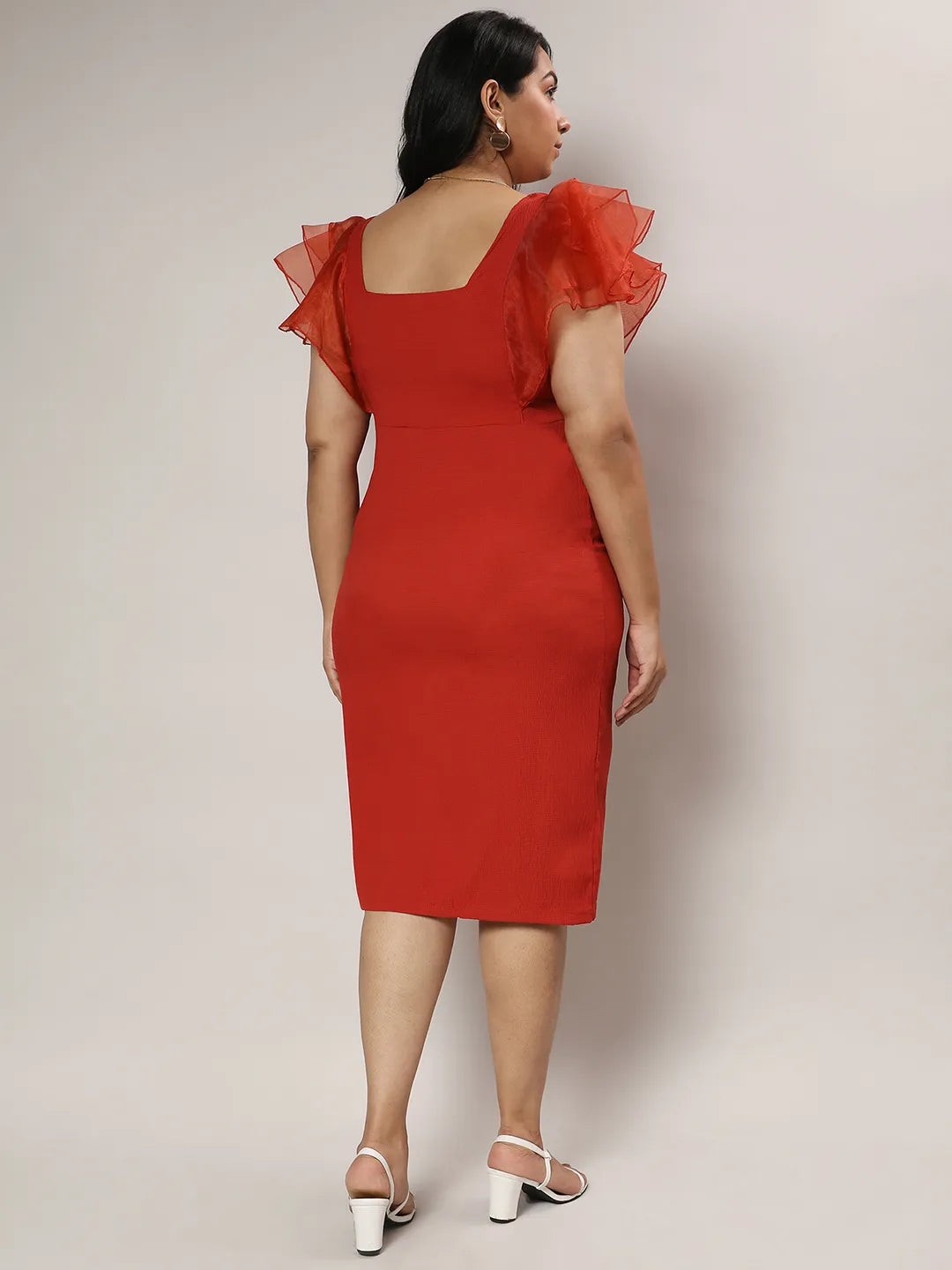 Crimson Red Bodycon Dress With Sheer Detail