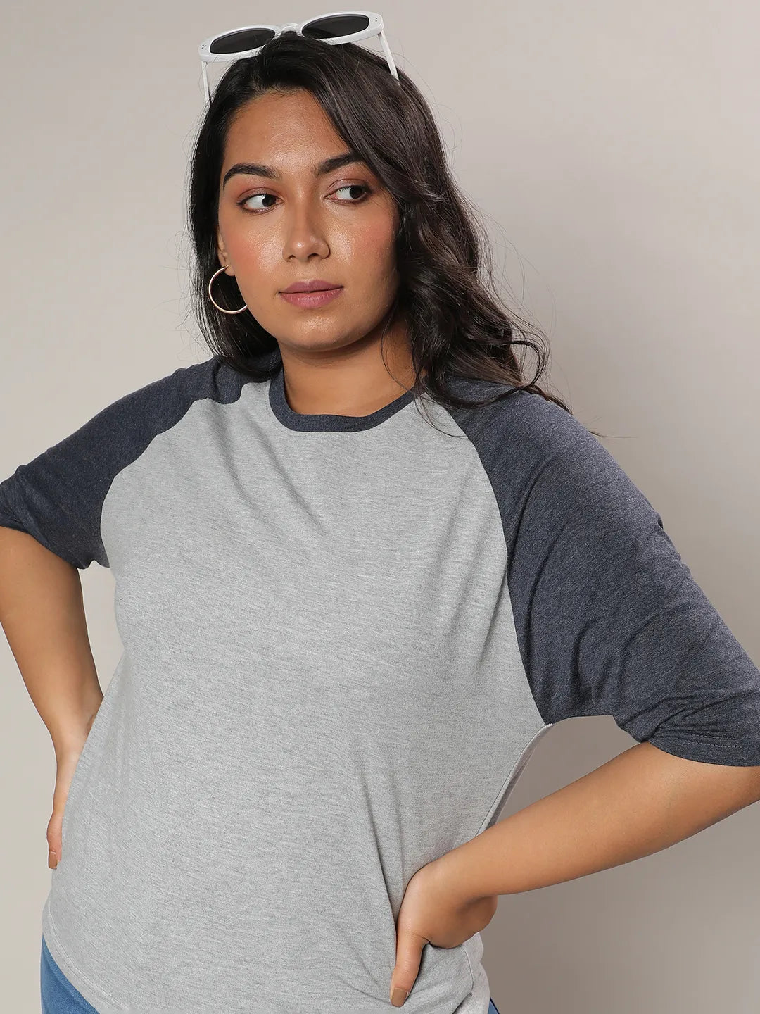 Light Grey & Prussian Blue Raglan Sleeve Top