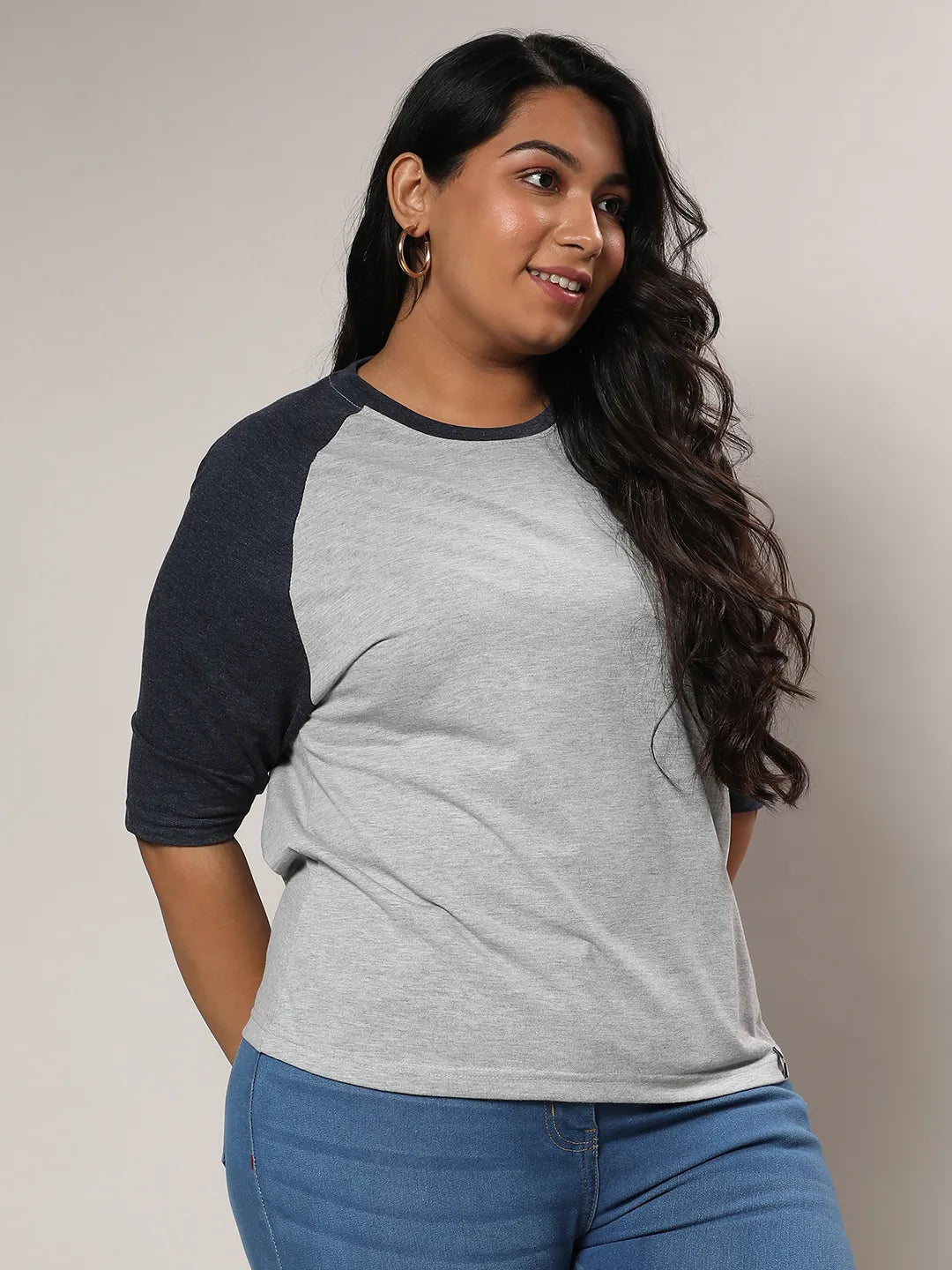 Light Grey & Prussian Blue Raglan Sleeve Top