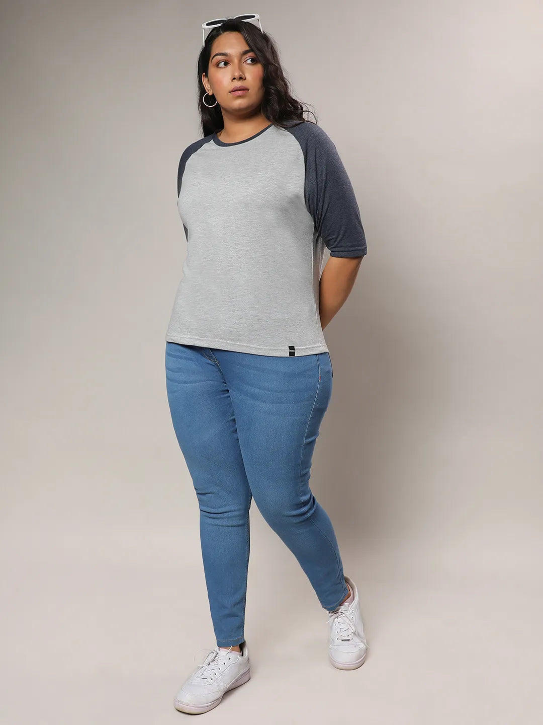 Light Grey & Prussian Blue Raglan Sleeve Top