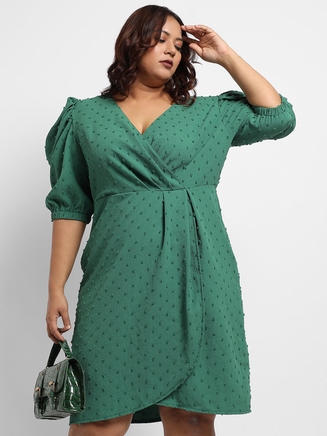 Forest Green Self-Design Petal Dress