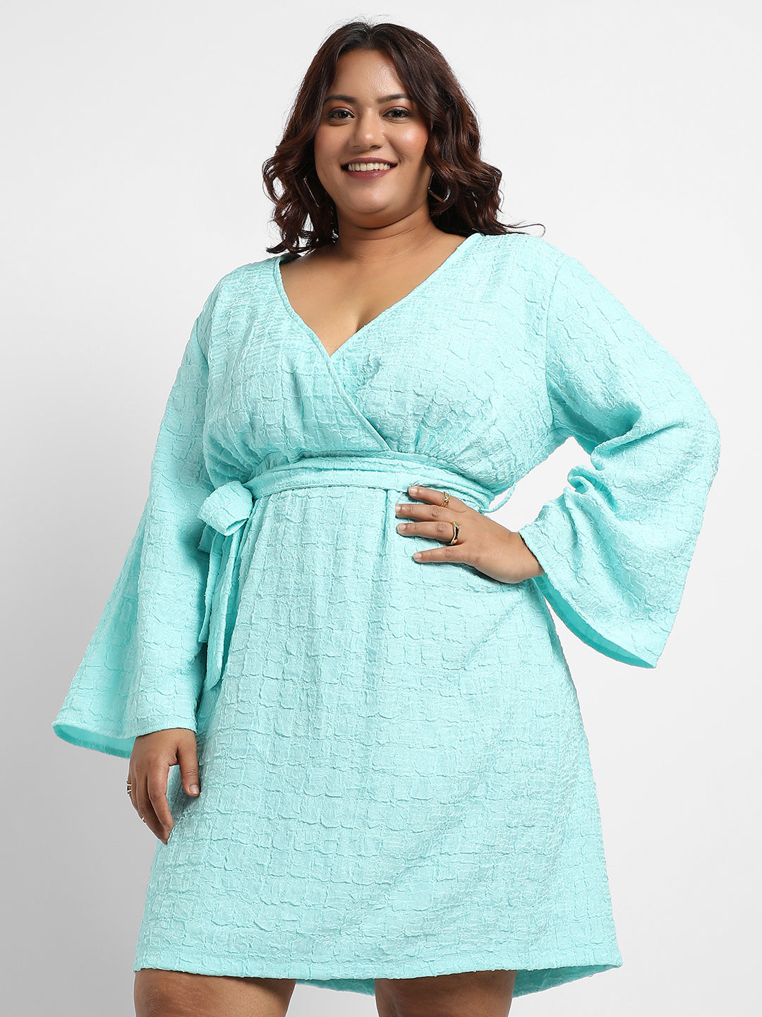 Plus Size Light Blue Tie-Up Wrap Neck Dress (3XL 6XL) Instafab Plus