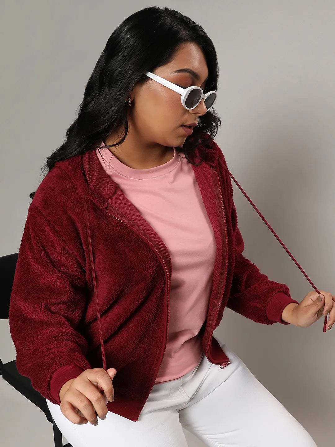 Carmine Red Zip-Front Fleece Hoodie