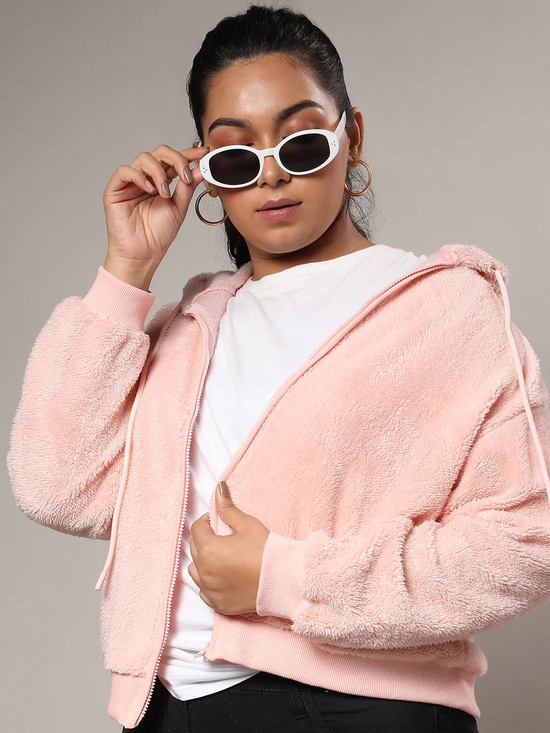 Baby Pink Furry Hoodie With Ribbed Hem