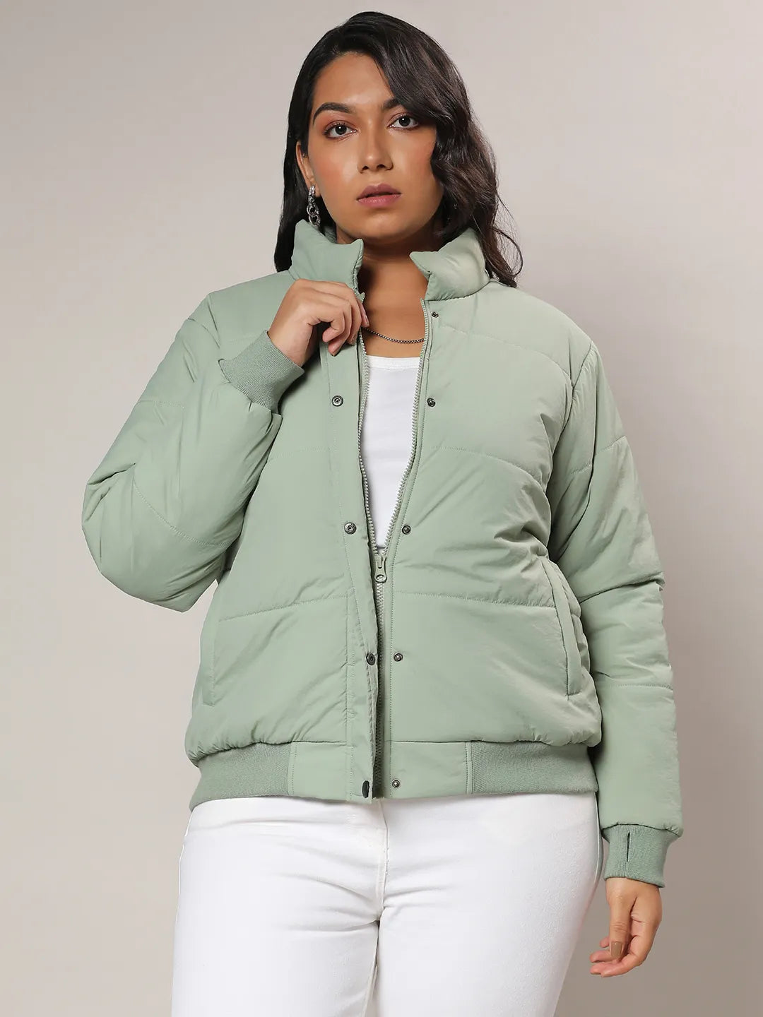 Sage Green Quilted Bomber Jacket With Ribbed Hem