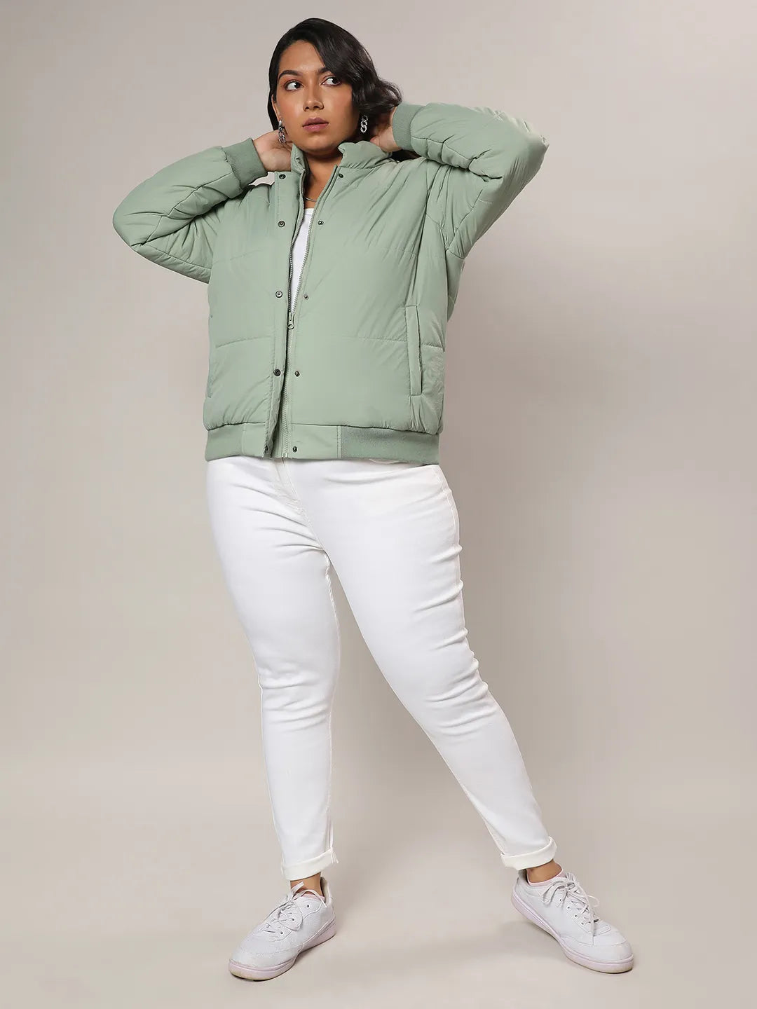 Sage Green Quilted Bomber Jacket With Ribbed Hem