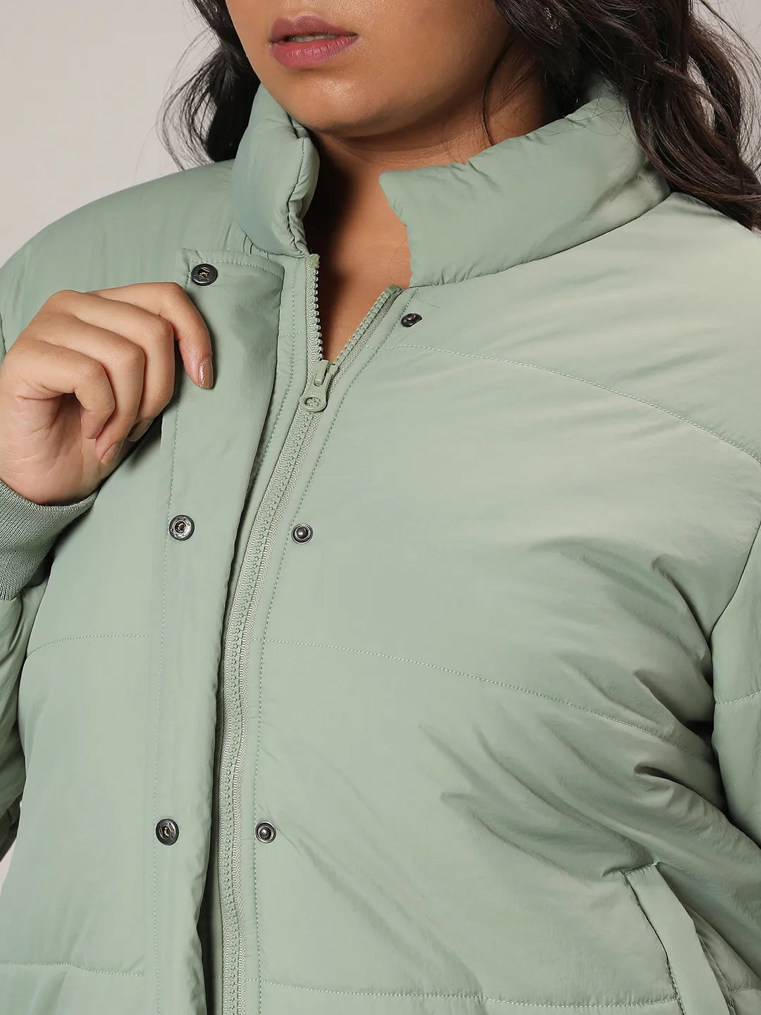 Sage Green Quilted Bomber Jacket With Ribbed Hem