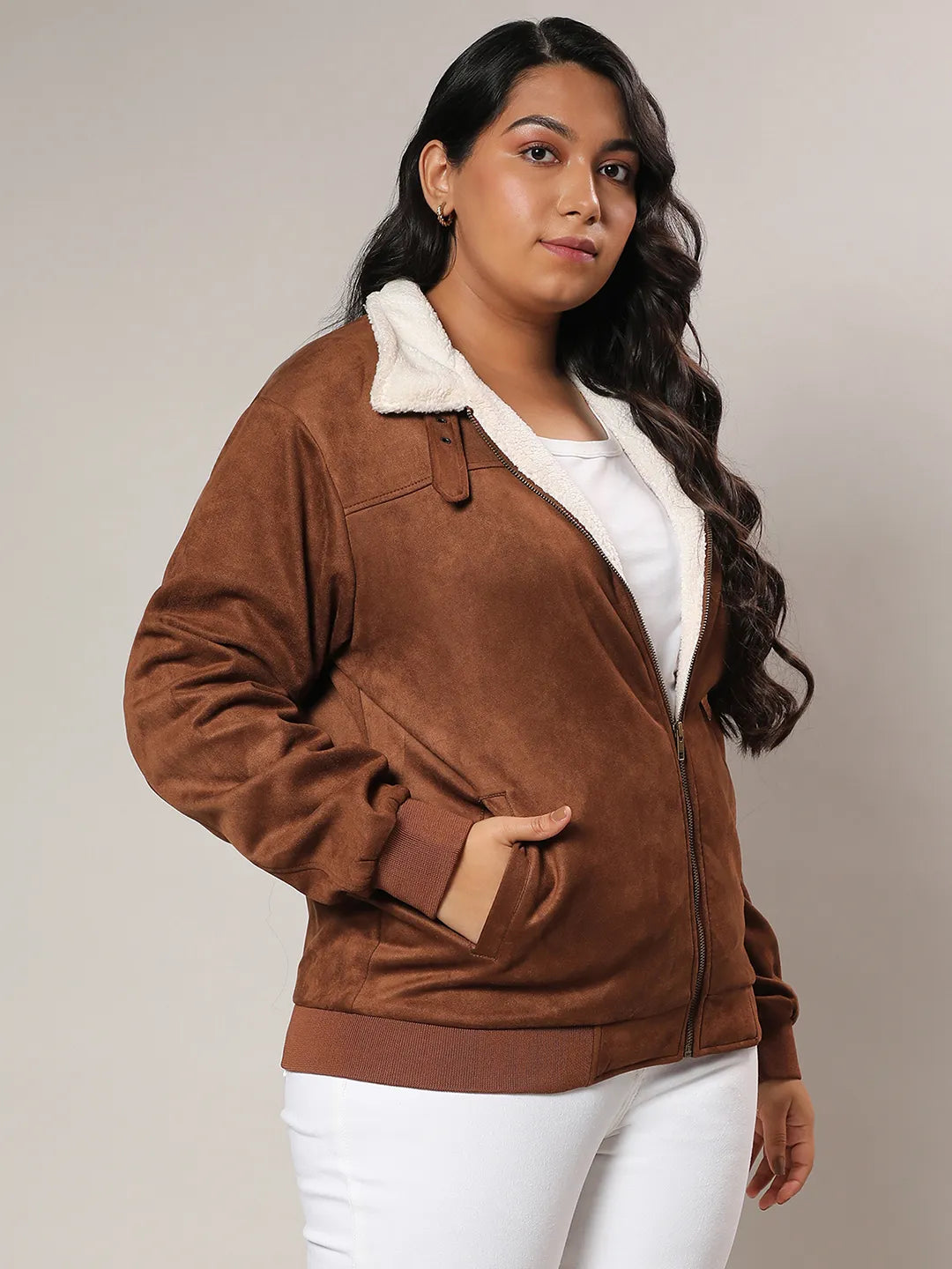 Tan Brown Fleece Lined Biker Jacket