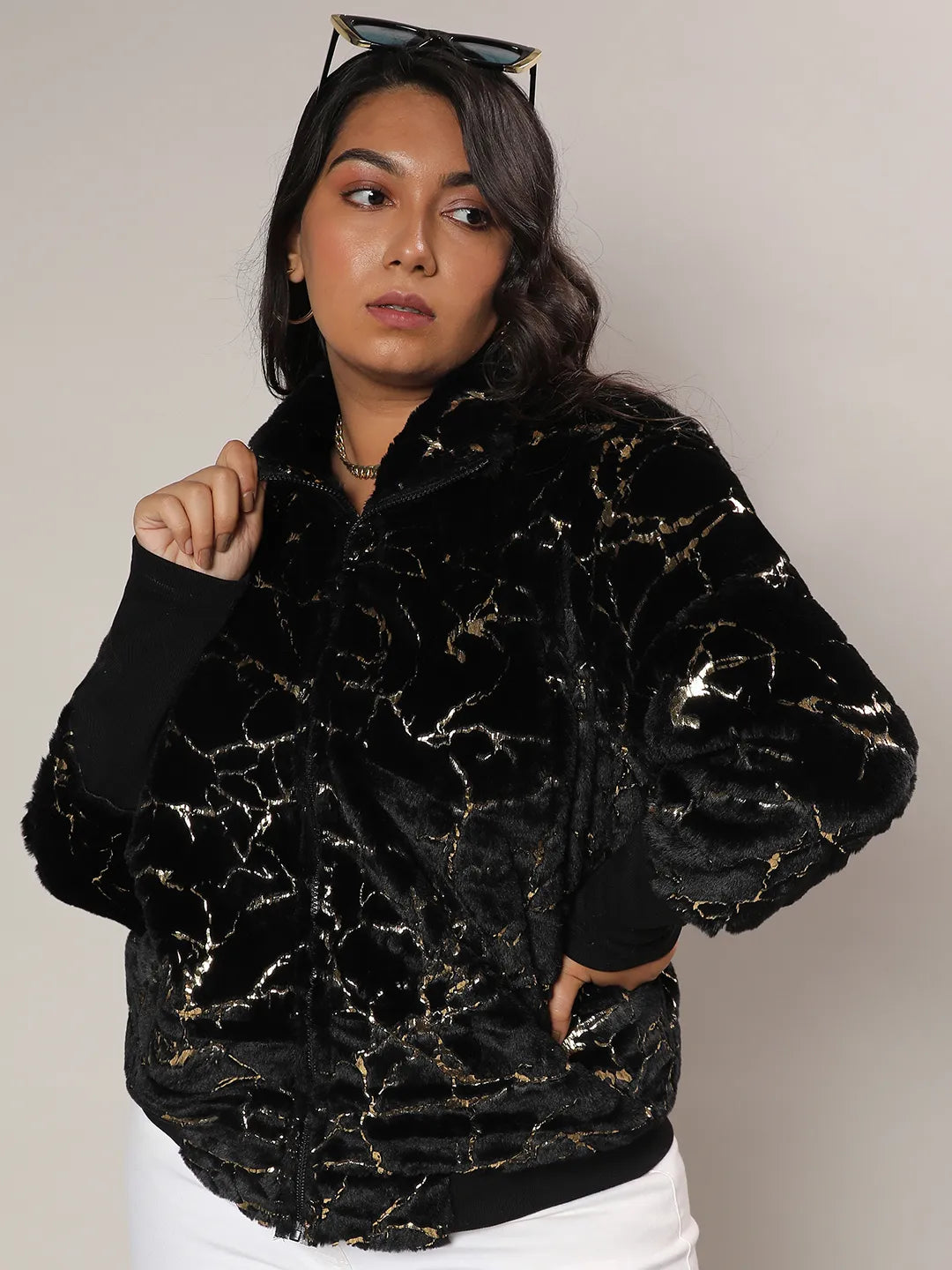 Carbon Black Metallic Veined Faux Fur Jacket