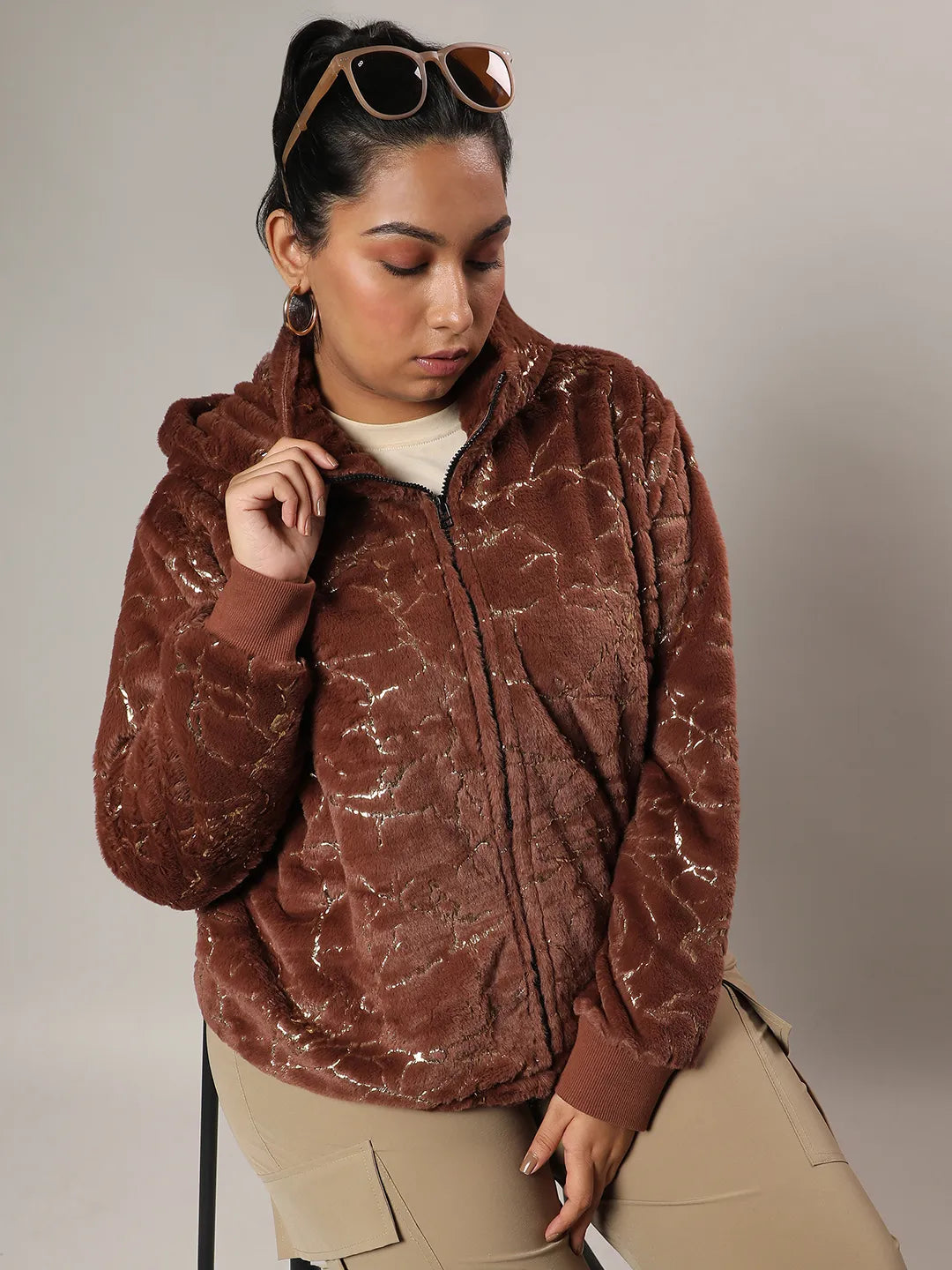 Chocolate Brown Metallic Veined Faux Fur Jacket