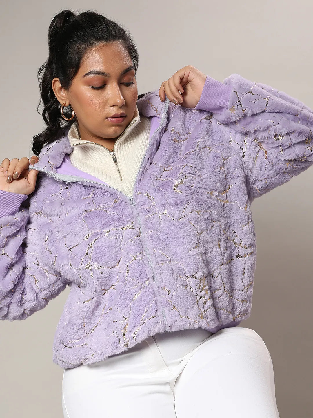 Lilac Metallic Veined Faux Fur Jacket