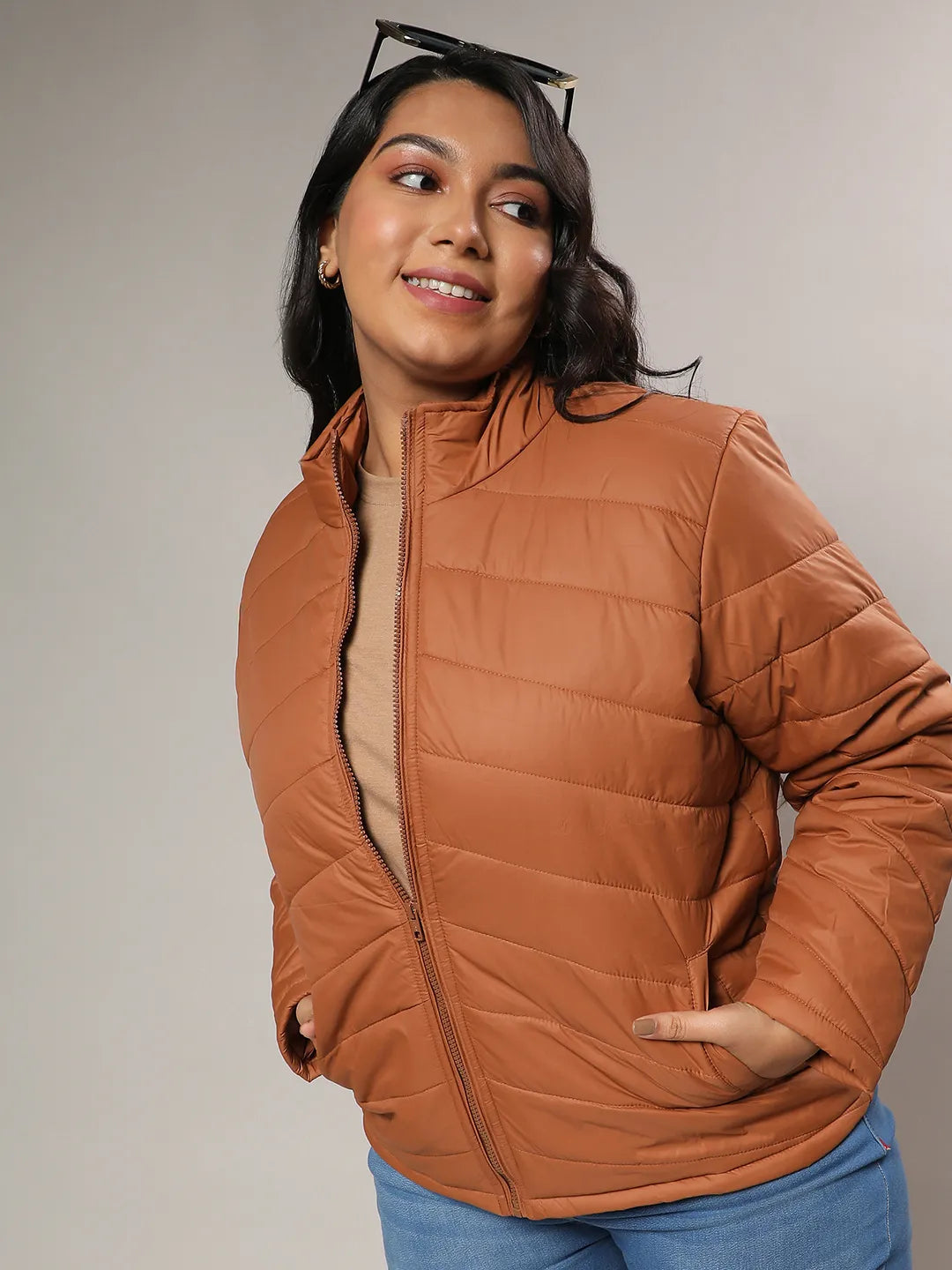 Instafab Plus women sTan Brown Quilted Puffer Jacket With Zip Closure